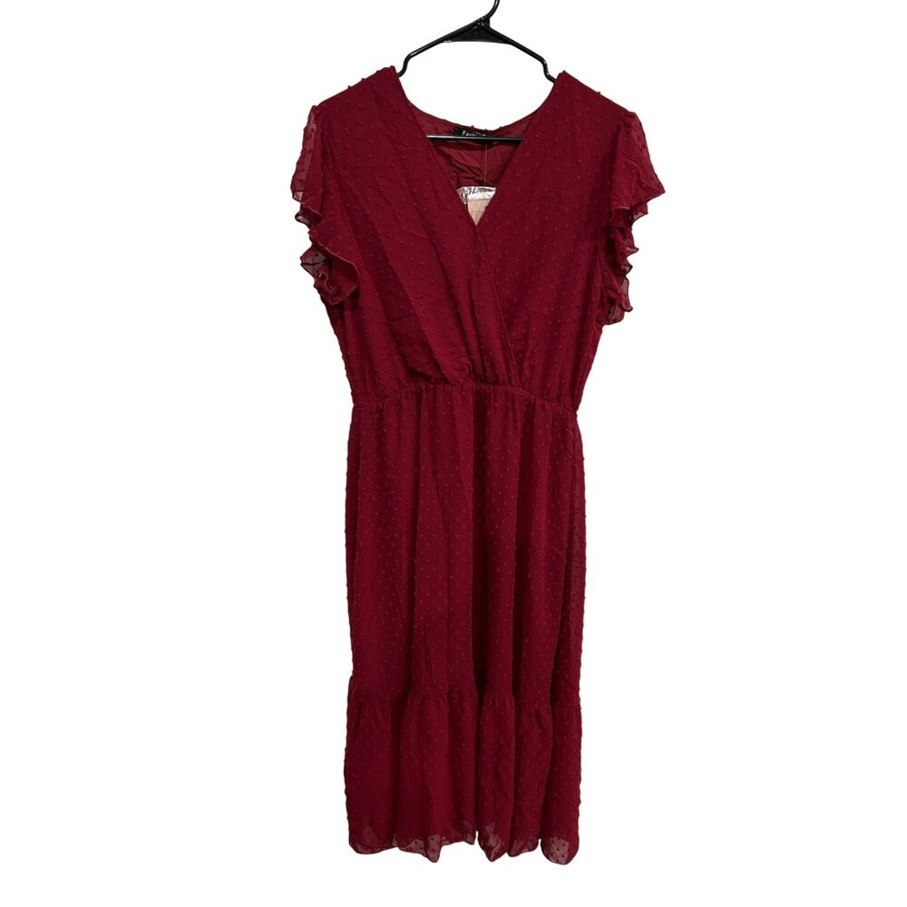 Fashion Ruffle Sleeve Swiss Dot Elastic Waist Tiered Hem Midi Dress Size L Goth